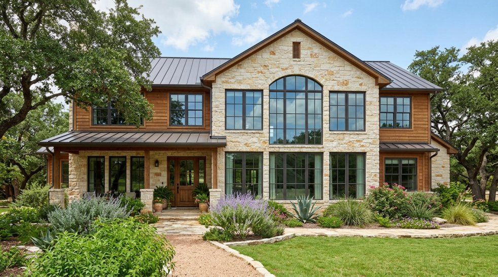 Large modern home exterior with newly installed black framed windows and landscaped front yard
