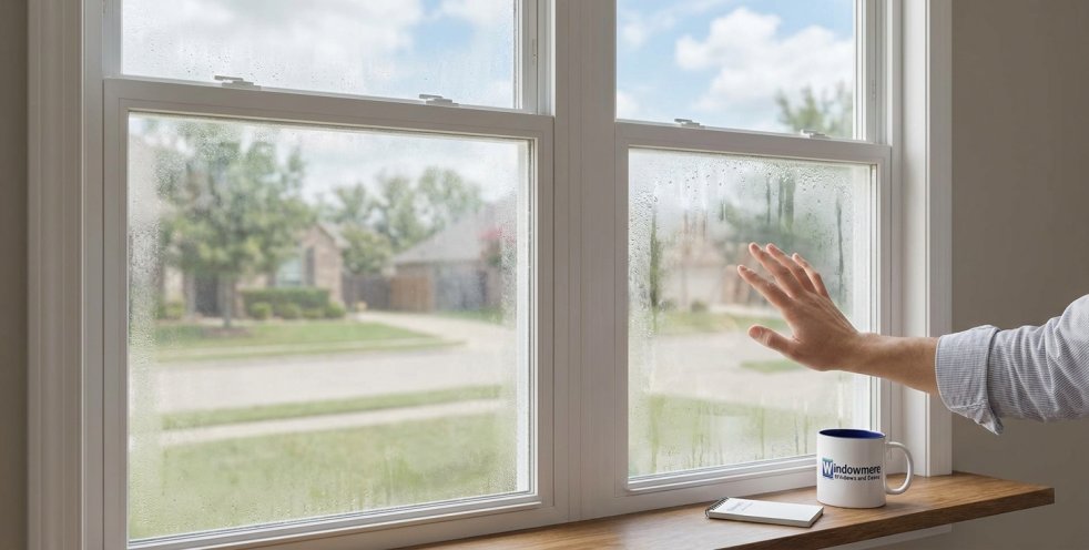 Hand touching foggy double-pane windows in a Dallas-Fort Worth home with blurred neighborhood view