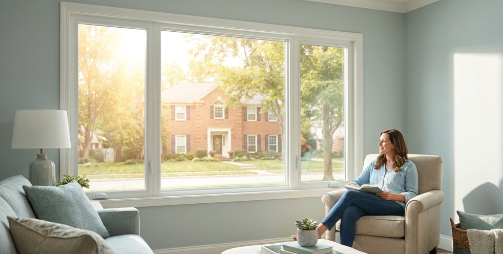 Woman relaxing in a bright living room beside large windows overlooking a sunny suburban neighborhood