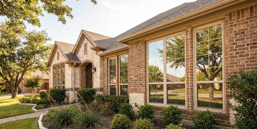 Brick suburban house with large replacement windows in a sunny Dallas-Fort Worth neighborhood