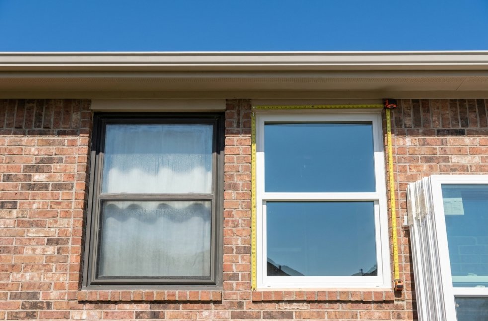 Foggy old window beside a new replacement window on a brick DFW home exterior with measuring tape